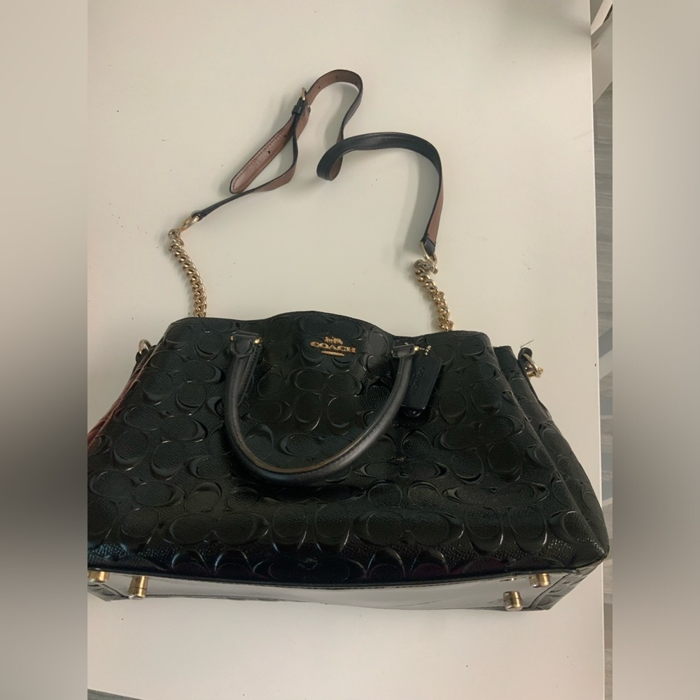 Coach Black Embossed Shoulder Bag with Gold Accents